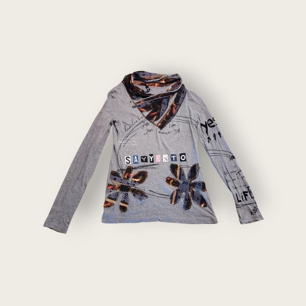Vintage Y2k Desigual grey funky graffiti graphic cowlneck long sleeve shirt S